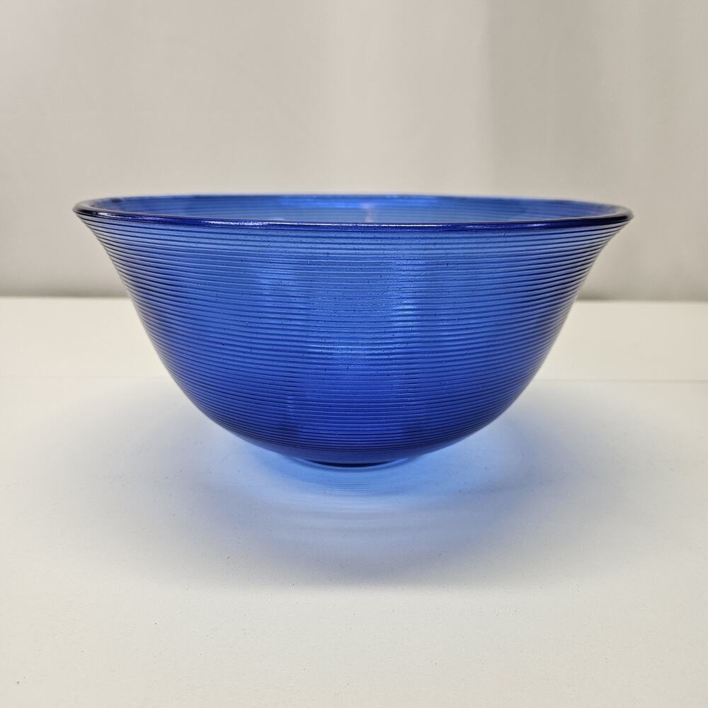 Vintage Handblown Glass Cobalt Blue 9.5" Serving Bowl Horizontal Ribbing